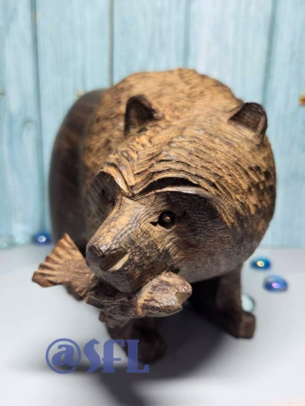 Ironwood Hand Carved Bear With Fish Figurine Heavy Dense Sculpted Great Details